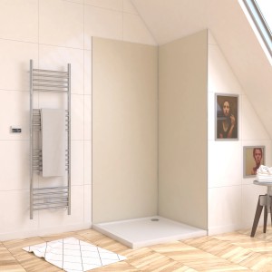 Aurlane Design-Duschwand in Satin Ivory, 90x210x0,3 cm, im Badezimmer mit Dusche.