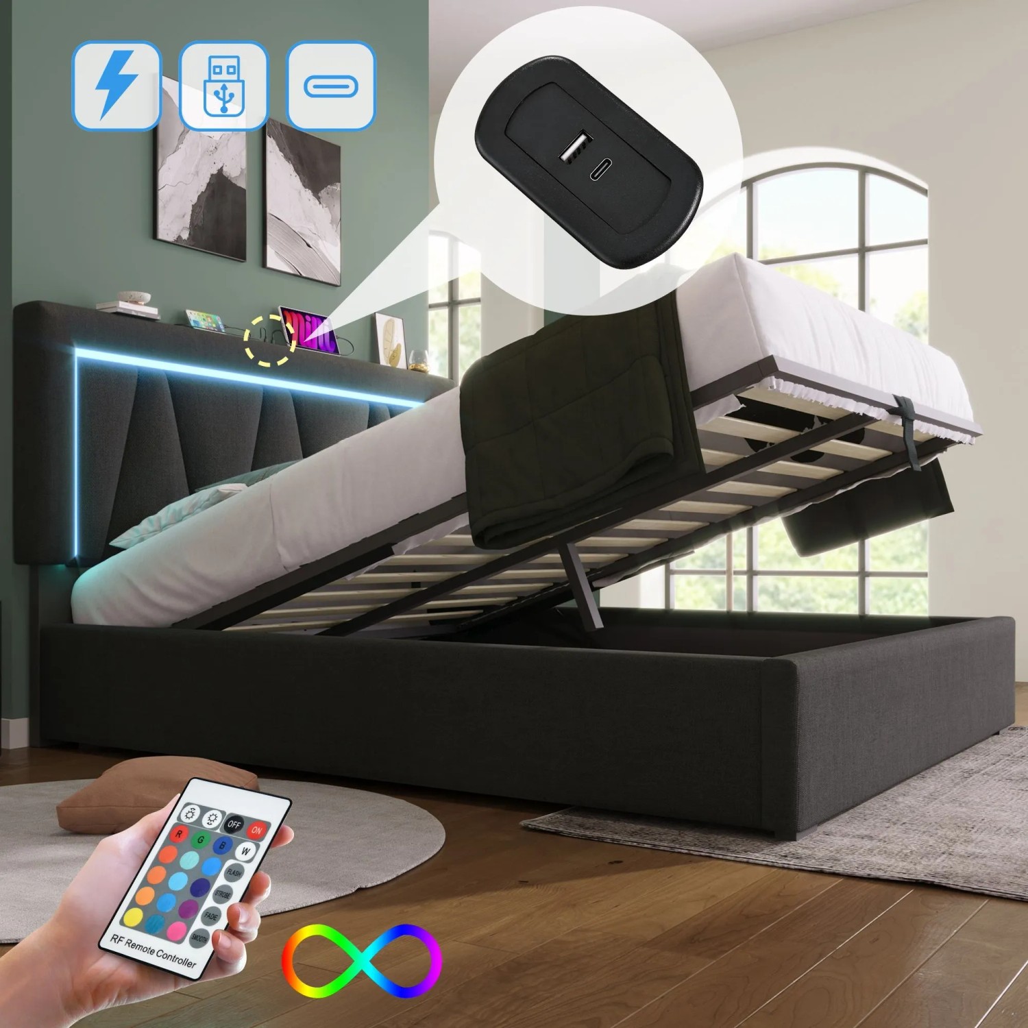 okwish Polsterbett 140x200cm mit LED USB C Stauraum Jugendzimmer Grau ohne Matratze_10