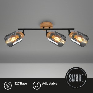 Brilo Deckenleuchte Hema mit 3 schwenkbaren Spots, Rauchglas und Holzbasis.