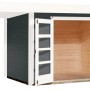 Lasiertes Weka Holz-Gartenhaus mit Flachdach und Anbau, graue Wände, offene Doppeltür.