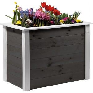 Dobar Hochbeet Two-Tone, anthrazit/weiß, mit Blumen bepflanzt. Holz-Hochbeet für Garten und Balkon.