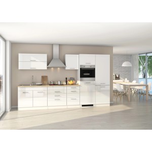 Moderne, weiße Hochglanz Küchenzeile Mailand, 350 cm breit, ohne E-Geräte.