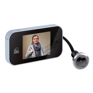 Digitaler Türspion Basi TS 710 silber mit Display zeigt Person vor der Tür. Verchromte Kamera für Türsicherheit.