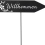 Schwarzer Gartenstecker Wegweiser mit Schriftzug Willkommen, Gartendekoration.