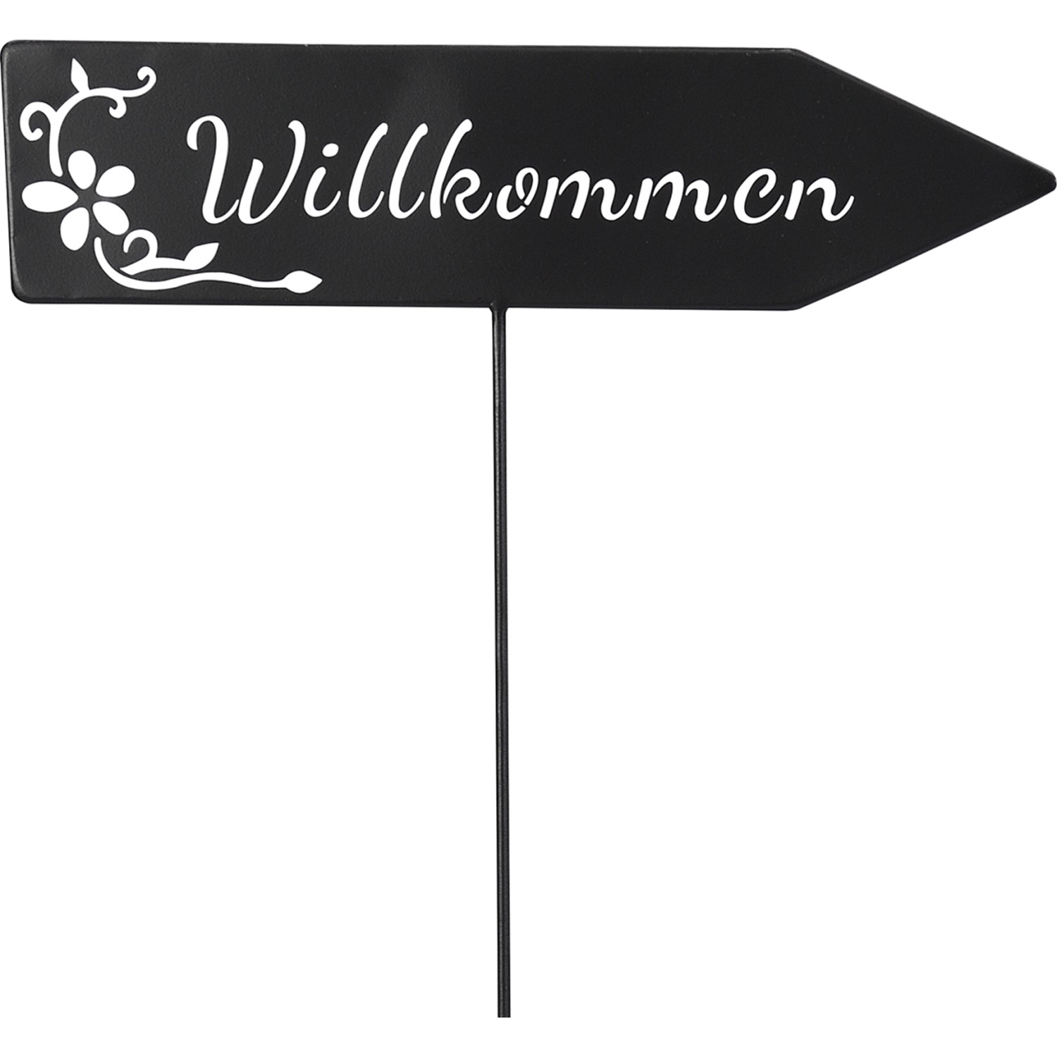 Schwarzer Gartenstecker Wegweiser mit Schriftzug Willkommen, Gartendekoration.