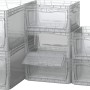 Gestapelte, transparente Eurobox-System Boxen (40x30x22 cm) mit seitlicher Entnahmeklappe.