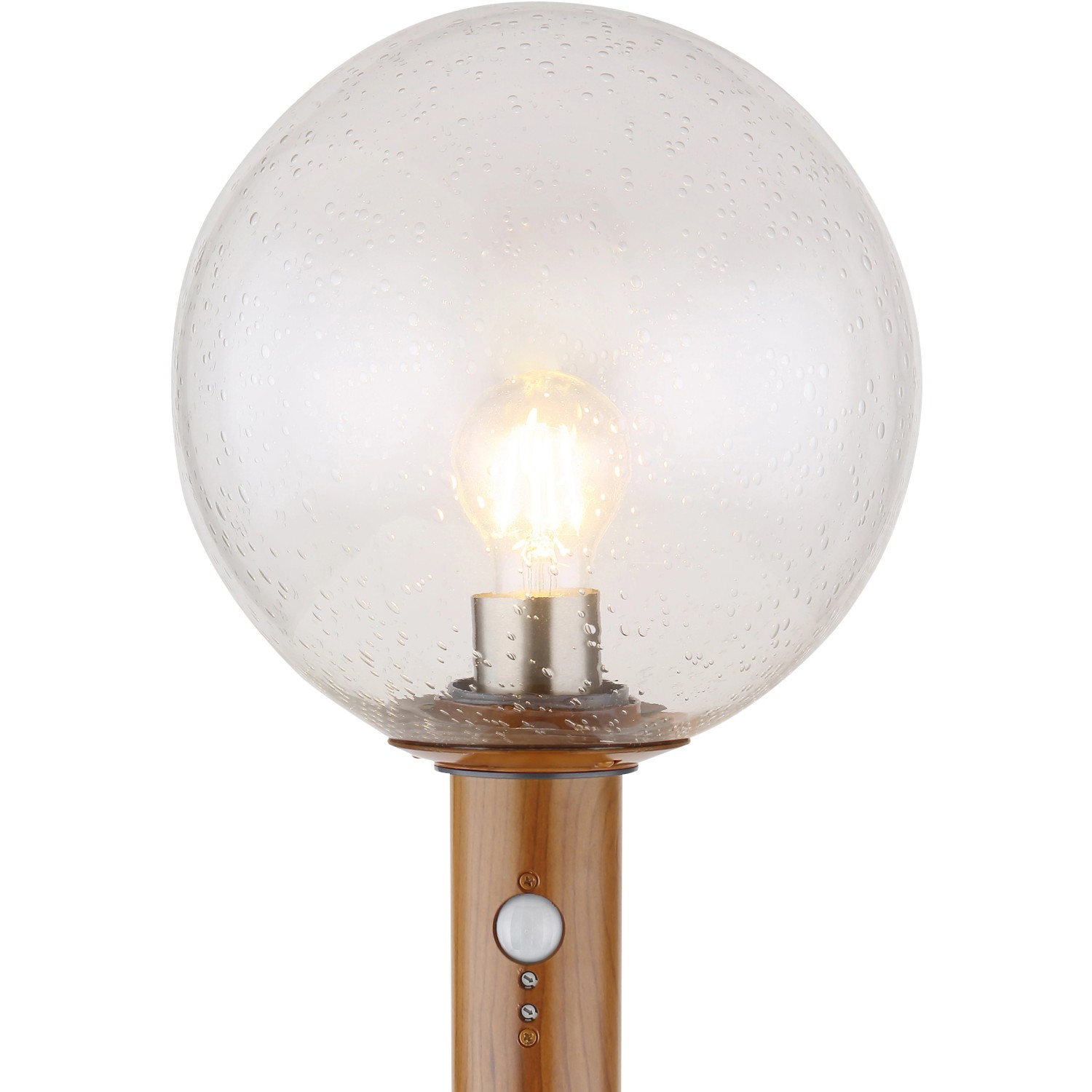 Globo Außenleuchte Ossy mit Bewegungsmelder, Holzoptik, kugelförmiger Lampenschirm
