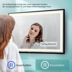 Emke Badspiegel 120x70cm mit schwarzem Rand, LED-Beleuchtung, Antibeschlag, Uhr, Temperatur. Frau blickt in klaren Spiegel.