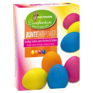 Heitmann Eierfarben Bunte Farbpower für leuchtende Ostereier in Gelb, Orange, Pink und Blau.