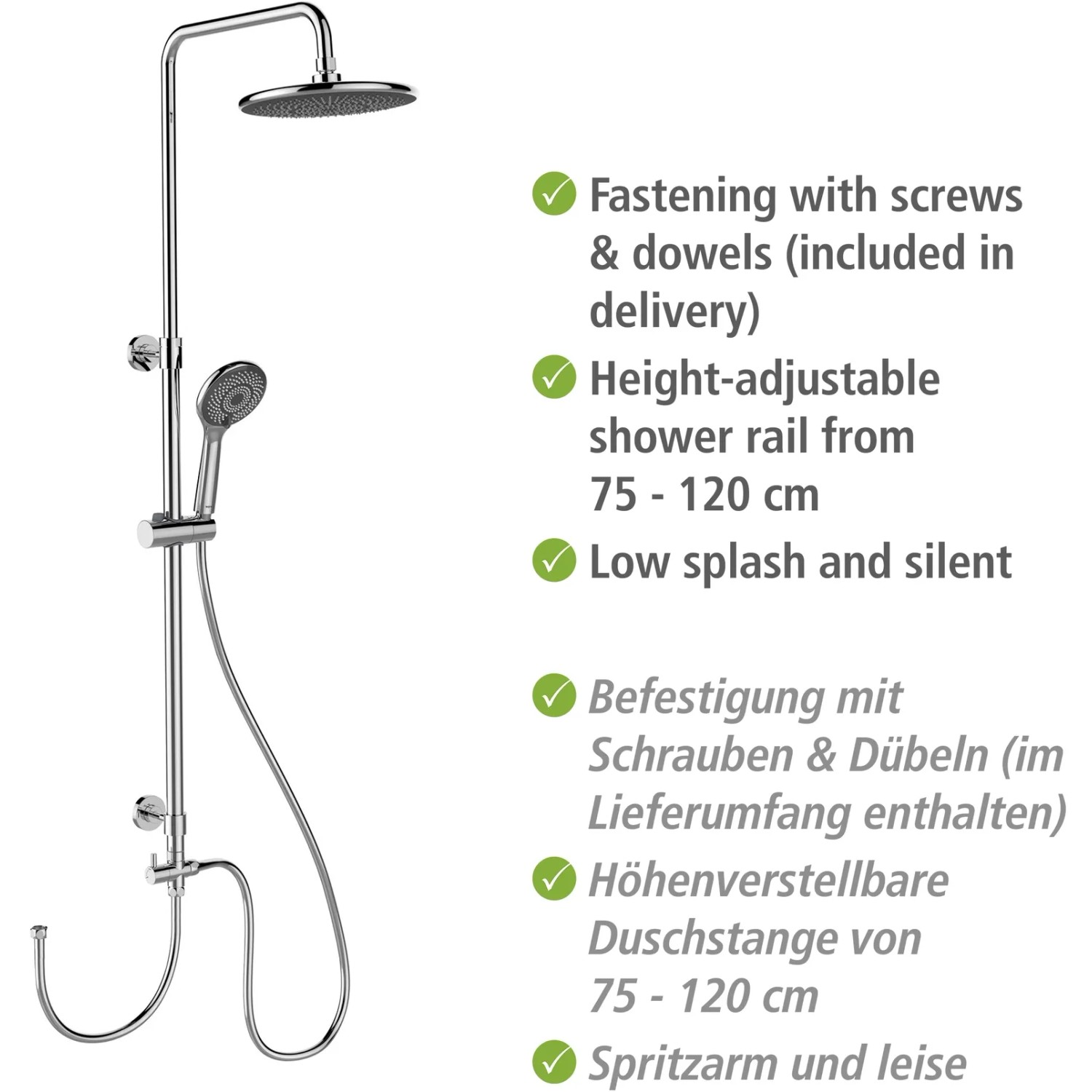 Wenko Duschsystem Watersaving Chrom mit Kopf- und Handbrause, höhenverstellbar.