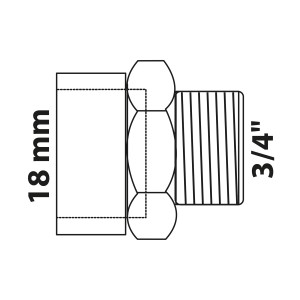 Technische Zeichnung eines blanken Kirchhoff Übergangsnippels 18 mm x 26,4 mm (3/4 AG) mit Muffe.