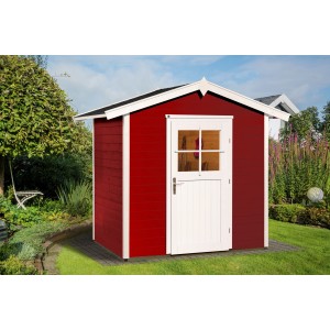 Rotes Weka Holz-Gartenhaus 223 mit Satteldach und weißer Tür im Garten.
