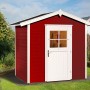 Rotes Weka Holz-Gartenhaus 223 mit Satteldach und weißer Tür im Garten.