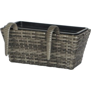 Anthrazit-grauer Polyrattan Balkonkasten 40x28x22 cm mit herausnehmbarem Kunststoffeinsatz.