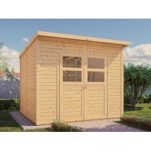 Bertilo Holz-Gartenhaus Felix, 245x239 cm, Natur, mit Doppeltür und Lichtausschnitten.