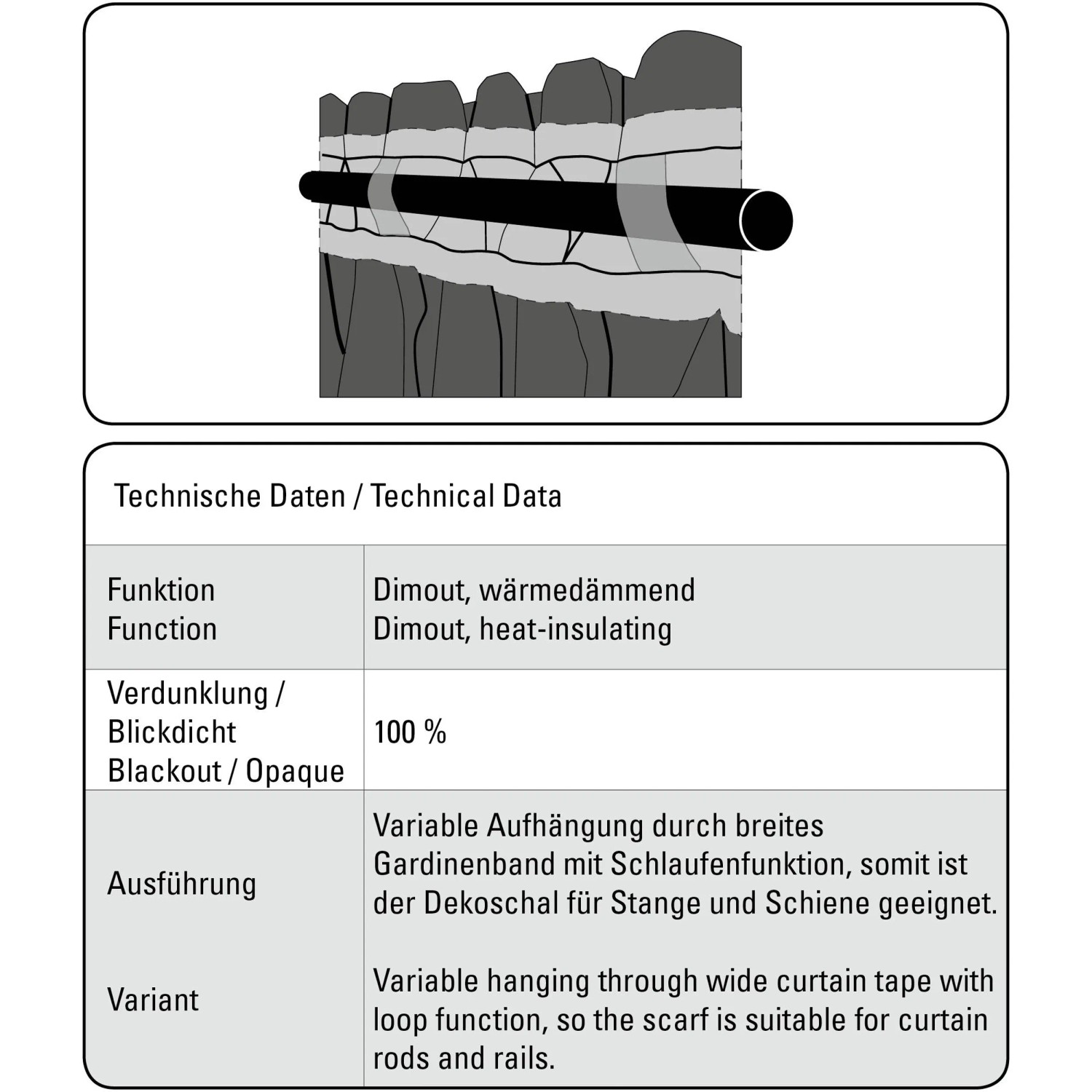 Skizze eines taupefarbenen Bennetti Schals mit Gardinenband und Dimout-Funktion.
