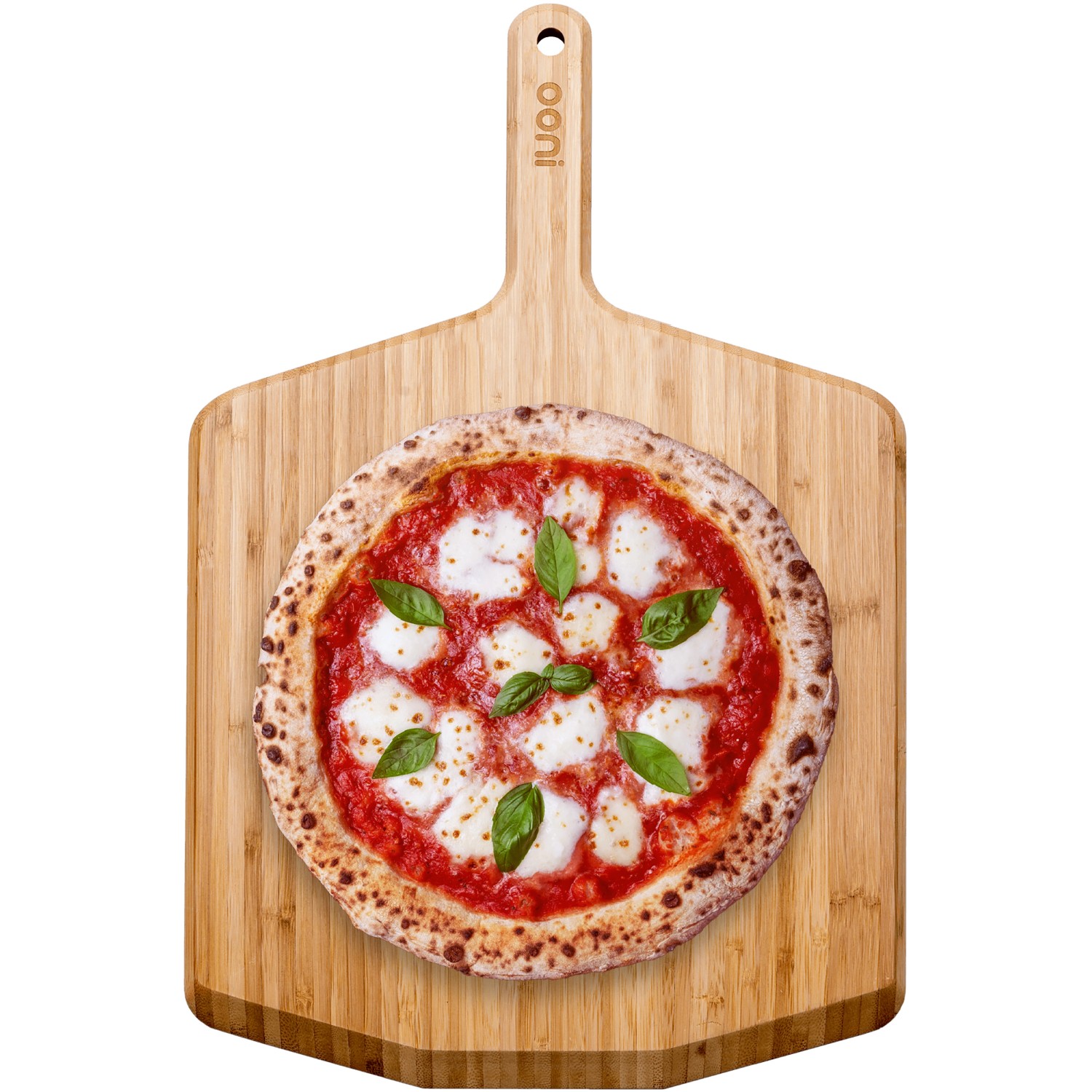 Ooni Pizzaschieber aus Bambus mit Pizza, 40 cm, für Grill & Ofen.