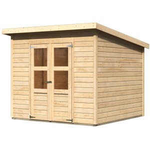 Karibu Gartenhaus Neuenburg 4 aus naturbelassenem Holz mit Doppeltür und Pultdach.