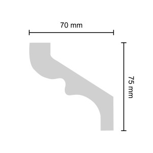Detailansicht Decosa Zierprofil Serena, weiß, mit Maßangaben 70x75mm für Decken- und Wandgestaltung.