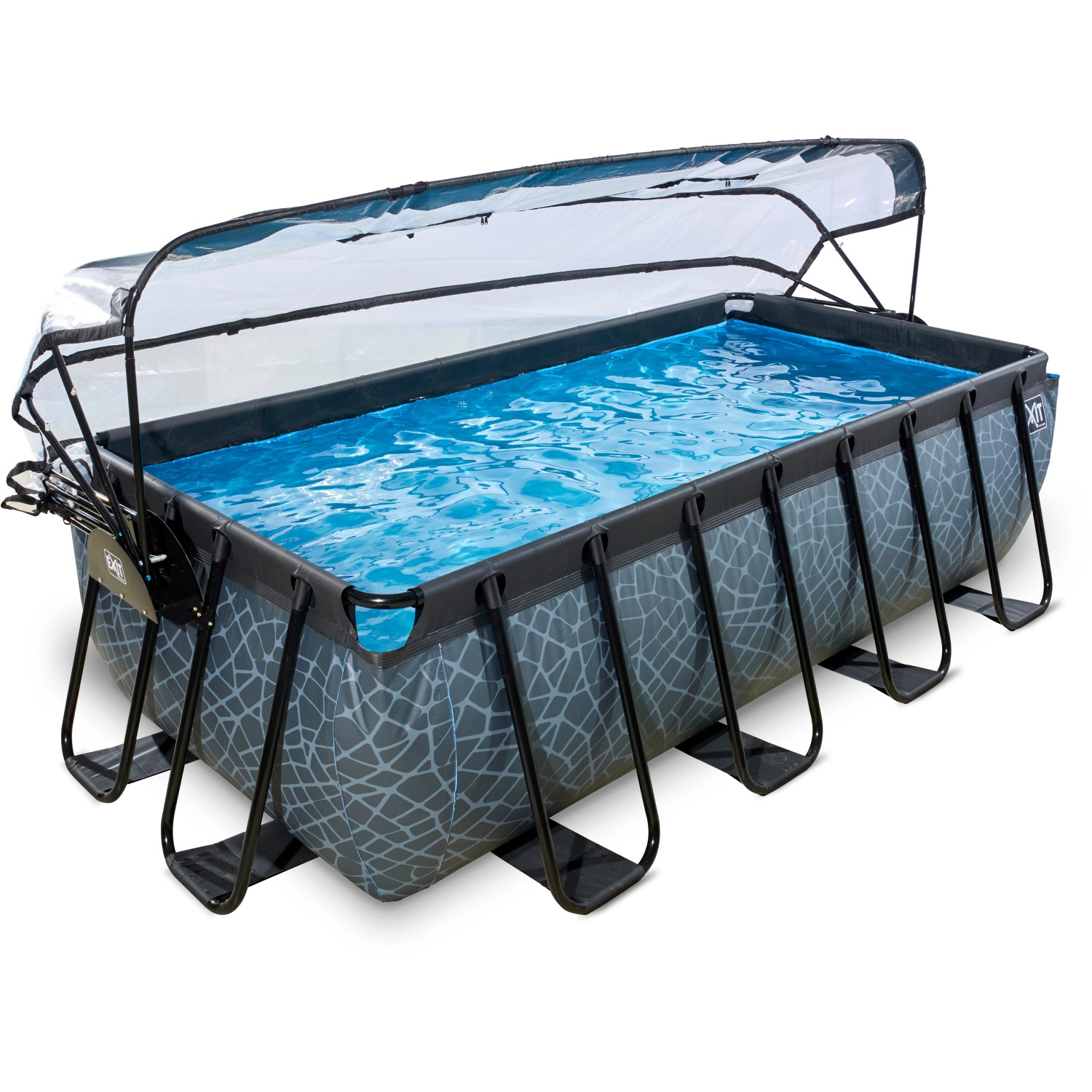 Rechteckiger grauer EXIT Stone Pool 400x200x100cm mit Abdeckung und Wärmepumpe.