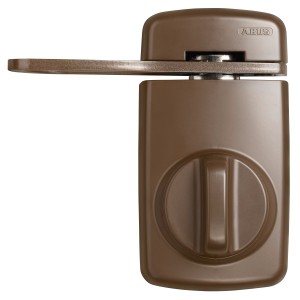 Braunes Abus Tür-Zusatzschloss 7030 mit Sperrbügel für Türspalt-Öffnung.