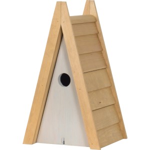 Dreieckiger Nistkasten in Hellgrau und Braun mit Schindeldach für Meisen und andere Wildvögel.