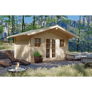 Skan Holz Gartenhaus Davos 1 Natur, 380x300cm, unbehandeltes Holz mit Fenster und Doppeltür.