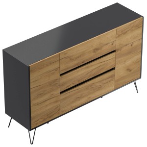 Posseik Sideboard Industrial O, 155 cm, Grafit/Eiche, mit 3 Schubladen und 2 Türen.