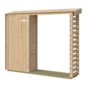 GH Killarney RH 300Nat Holz-Gartenhaus mit abschließbarer Tür und offenem Brennholzregal.