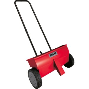 Roter CMI Streuwagen C-HSW-45 mit schwarzem Griff und Rädern für Dünger und Streugut.