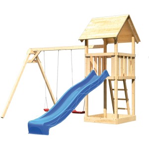 Karibu Spielturm Lotti mit blauer Rutsche, Doppelschaukel und Satteldach aus naturbelassenem Holz.
