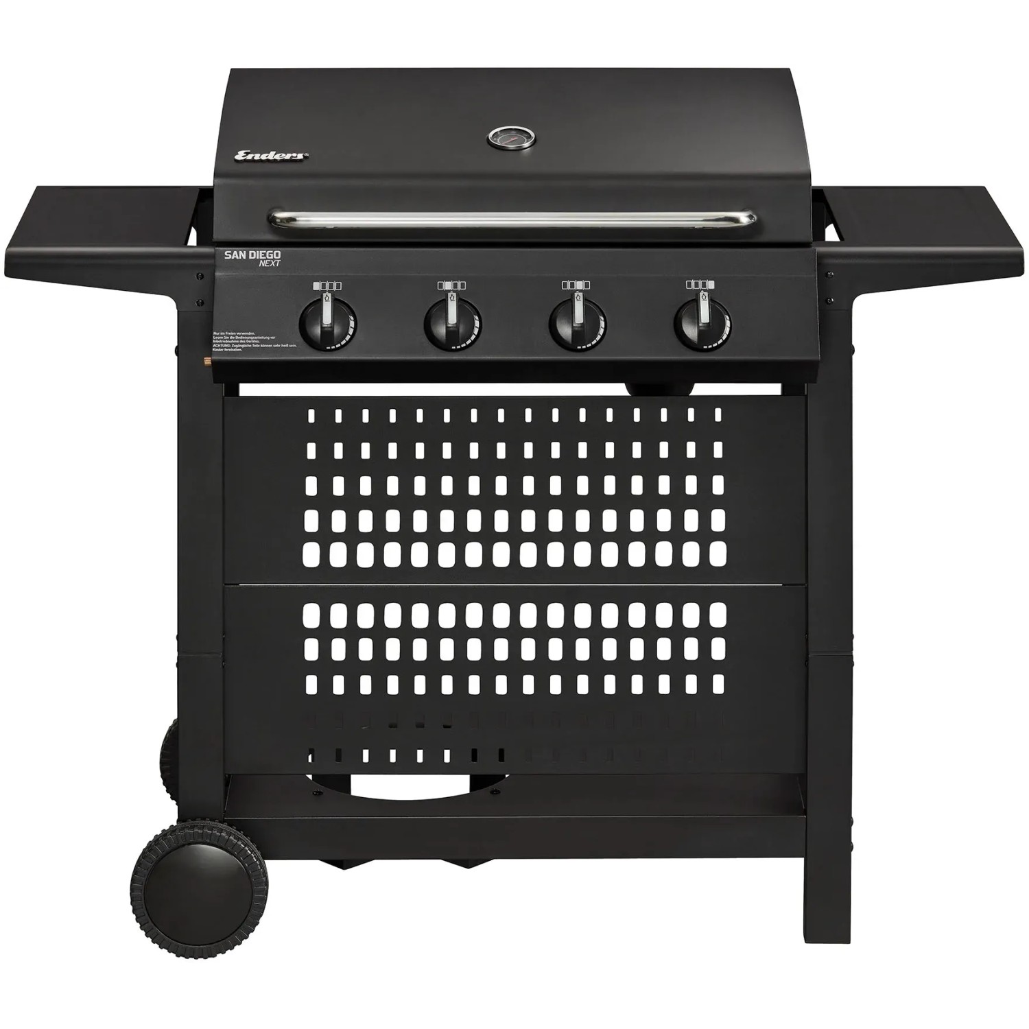 Schwarzer Enders Gasgrill San Diego Next 4 mit 4 Brennern und Seitenablagen.