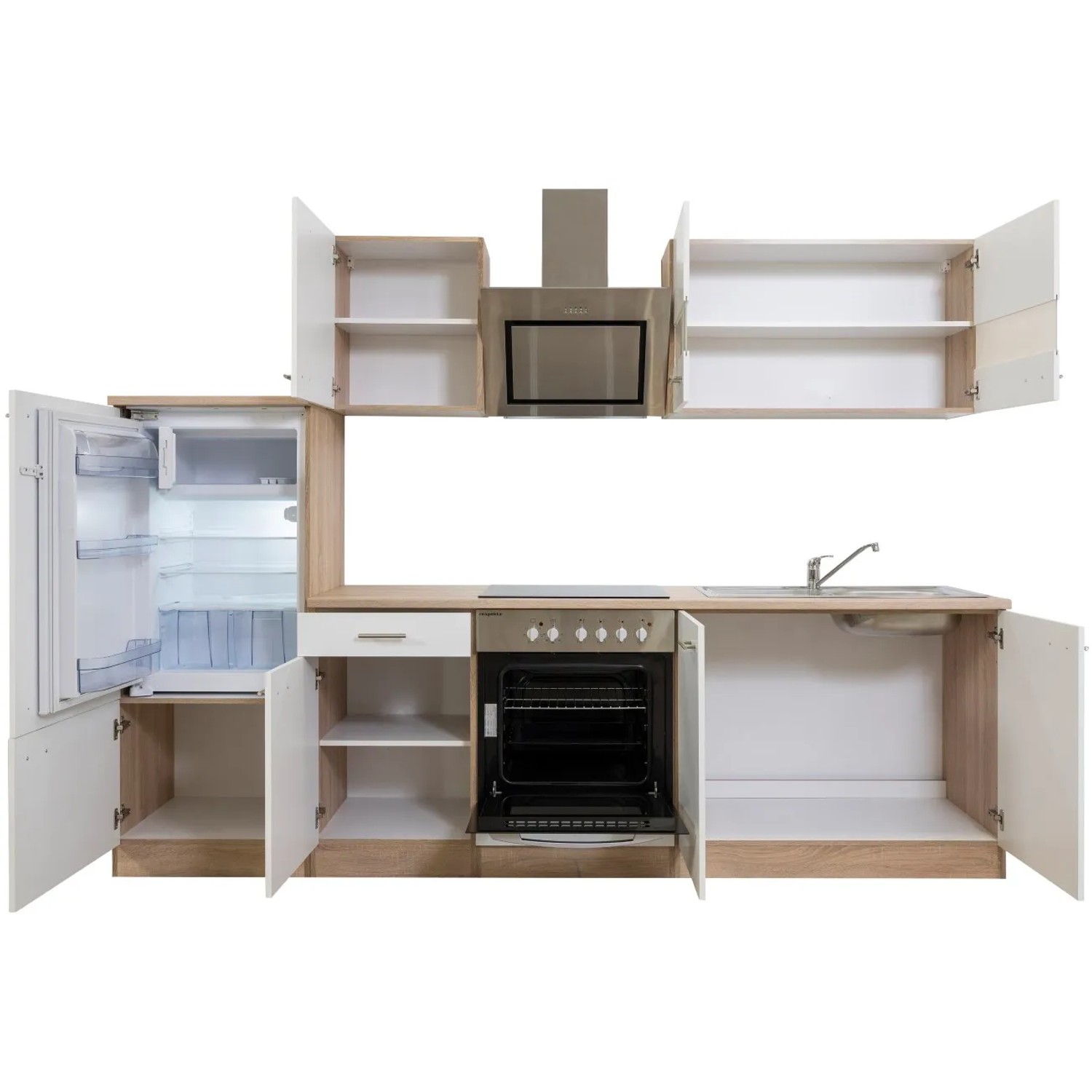 Respekta Küchenzeile 270 cm, weiß und Eiche Sägerau, mit Glaskeramikkochfeld und Elektrogeräten.