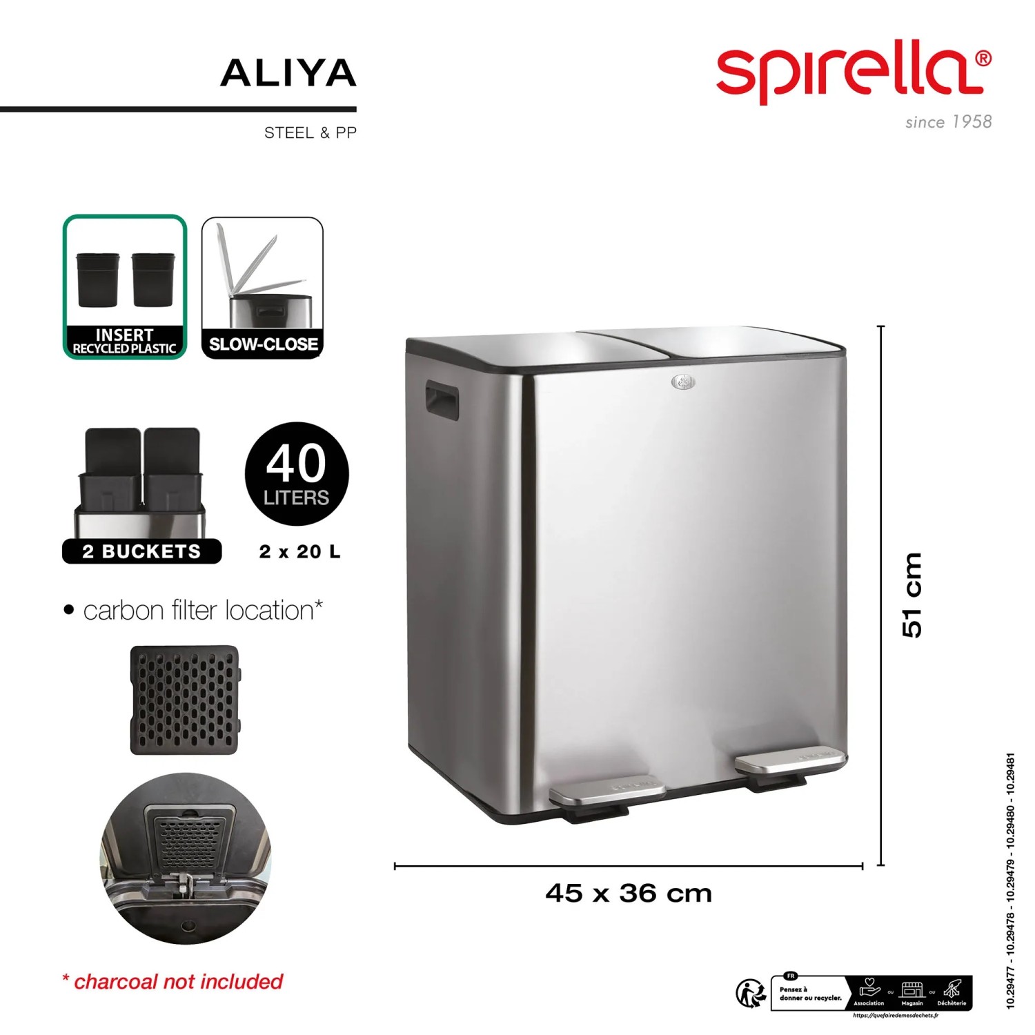 Spirella Aliya Kosmetikeimer, 2x20L, Grau Matt, mit zwei Fächern zur Mülltrennung.