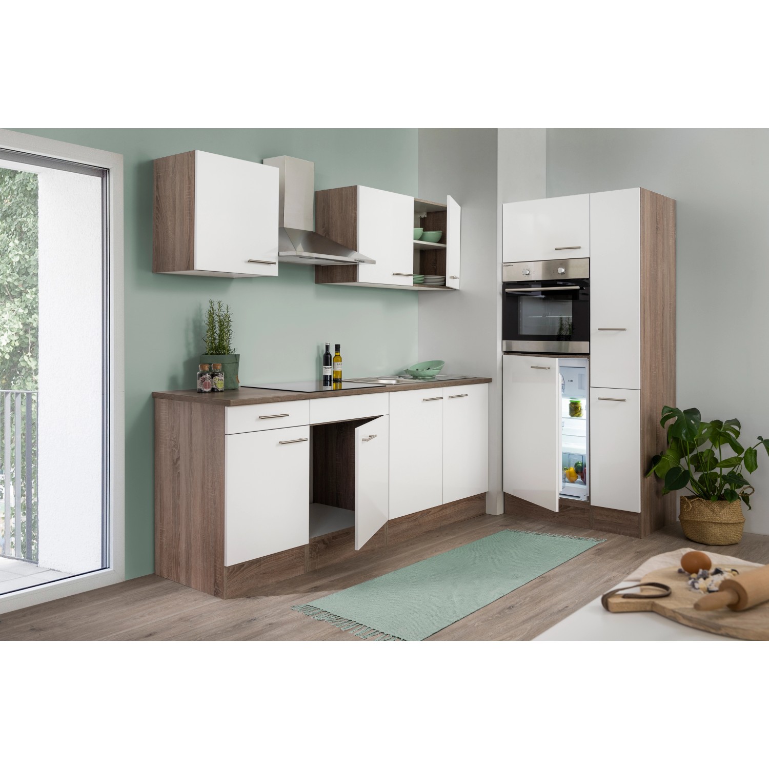 Respekta Küchenzeile KB300EYW, 300 cm, Weiß Seidenglanz mit Eiche York Nachbildung, inklusive Elektrogeräte.