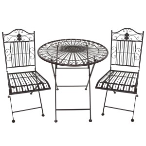 Garden Pleasure Balkon-Set Mangan, schwarz-braun, mit Tisch und zwei Stühlen aus Metall.