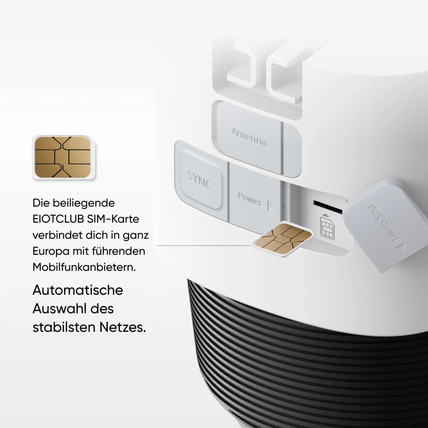 Eufy S330 Überwachungskamera: Detailaufnahme SIM-Karten Slot und Nano SIM Adapter für 4G LTE Verbindung.