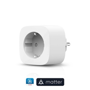 Weißer Bosch Smart Home Zwischenstecker Kompakt +M. Smart Plug für Hausautomation mit Standard-Steckdose, Matter-kompatibel.