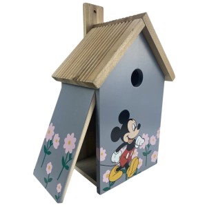 Graues Disney Vogelhaus Mickey Mouse, 30 cm, mit Blumenmuster und Holz-Dach.