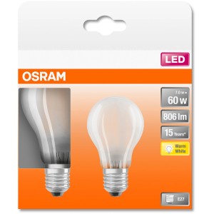 2er-Set Osram E27 LED-Lampen in Glühlampenform, 6,5W, warmweiß.