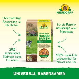 Neudorff Universal-Rasensamen 2kg: Saatgut-Mischung für dichten Rasen, geeignet für Neuanlage und Nachsaat.