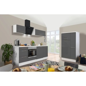 Respekta Premium Küchenzeile 310 cm in Grau Hochglanz/Weiß mit E-Geräten.