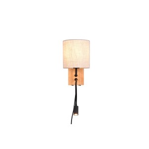 Trio LED-Wandleuchte Nilam, 1-flammig, mit Lesearm, Holz und Stoffschirm.