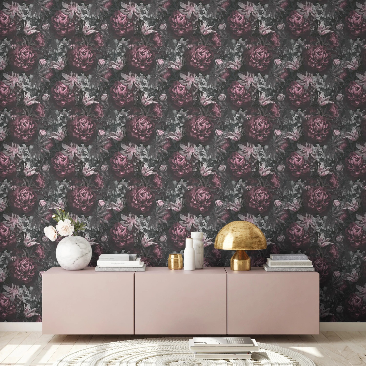 A.S. Création Vliestapete Rosen in Grau und Rosa mit floralem Muster.