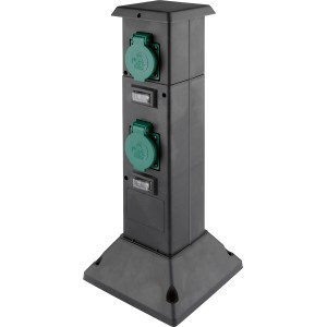 Schwarze 2-fach Außensteckdose mit Erdspieß für den Garten.