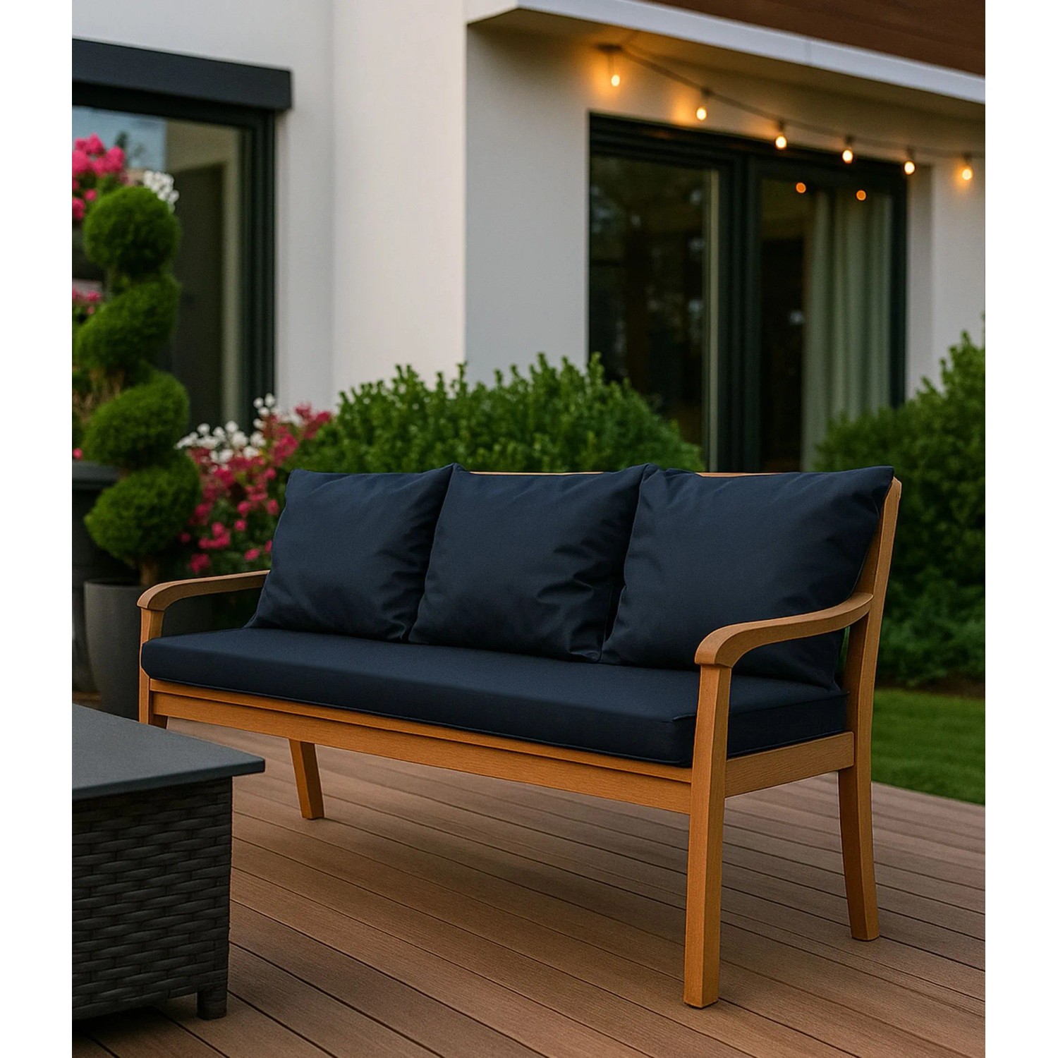 Marineblaues Bankkissen-Set für 3-Sitzer Gartenbank, 160x60 cm + 3 Rückenkissen. Bequeme Gartenstuhlauflage.