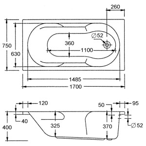 Technische Zeichnung des Ottofond Whirlpool Viva Komfort 170x75 cm. Draufsicht und Seitenansicht mit allen Maßen.