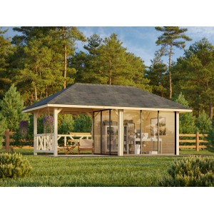 Palmako Pavillon Bianca Set 203, 588x300 cm, weiß lackiert. Weekendhaus mit Schiebetüren und Freisitz im Garten.