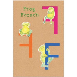 Komar Wandbild ABC Animal F: Frösche und bunte Buchstaben F auf braunem Hintergrund.