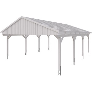 Weißer Skan Holz Carport Fichtelberg mit Dachlattung, geeignet für zwei Fahrzeuge.